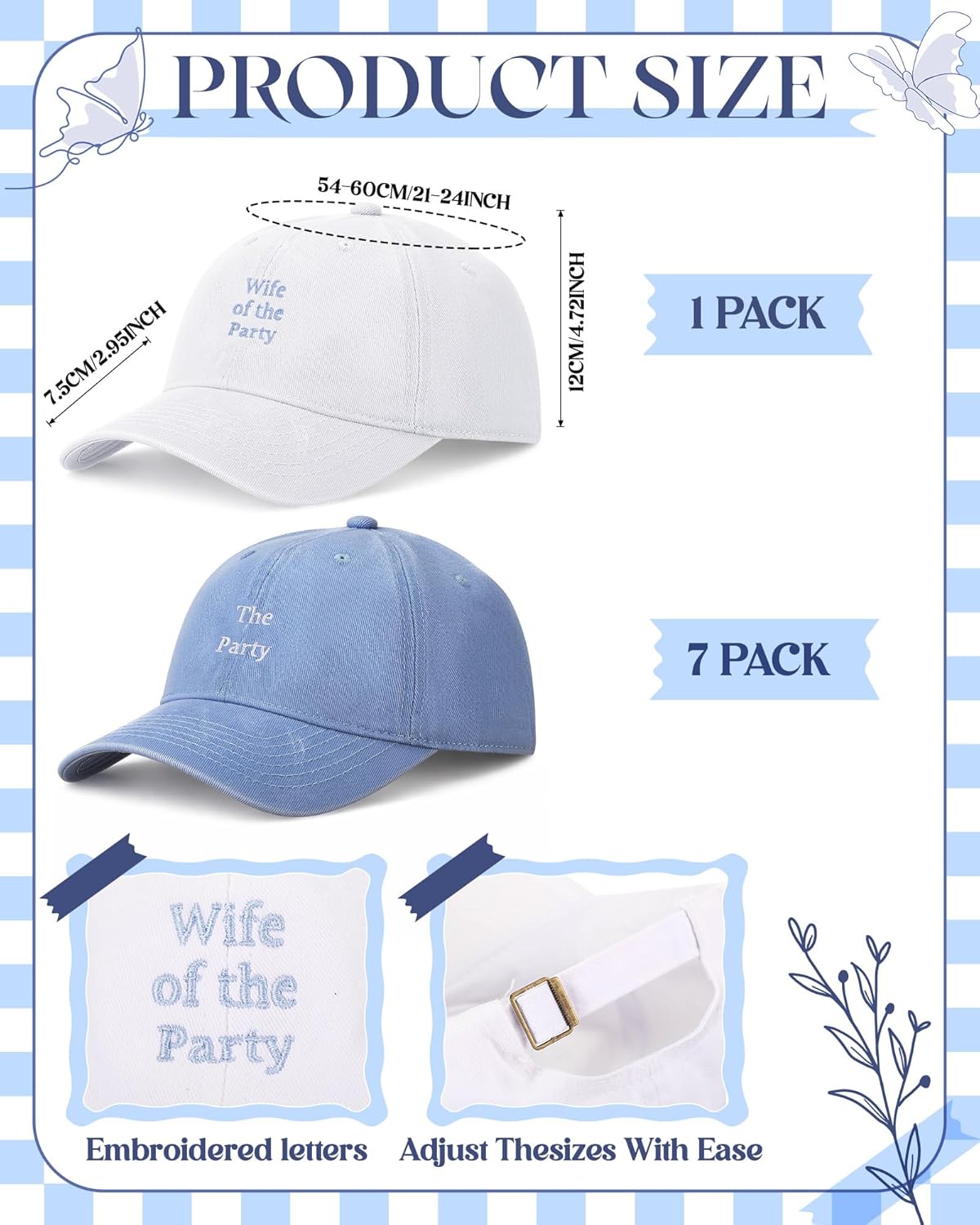 Chicingyou 8 Pack Adjustable Bachelorette Hat, 1 Wife of the Party Cap and 7 the Party Cap for Bridesmaid Bride Wedding Gift