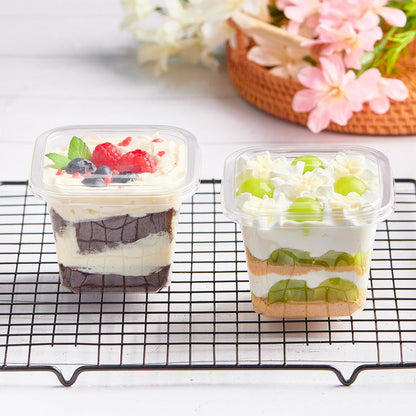 Kucoele 50 Pack 8 oz Plastic Dessert Cups with Lids and Sporks, Clear Square Cake Cups Dessert Containers for Pudding Parfait Fruit Yogurt and Shortcake