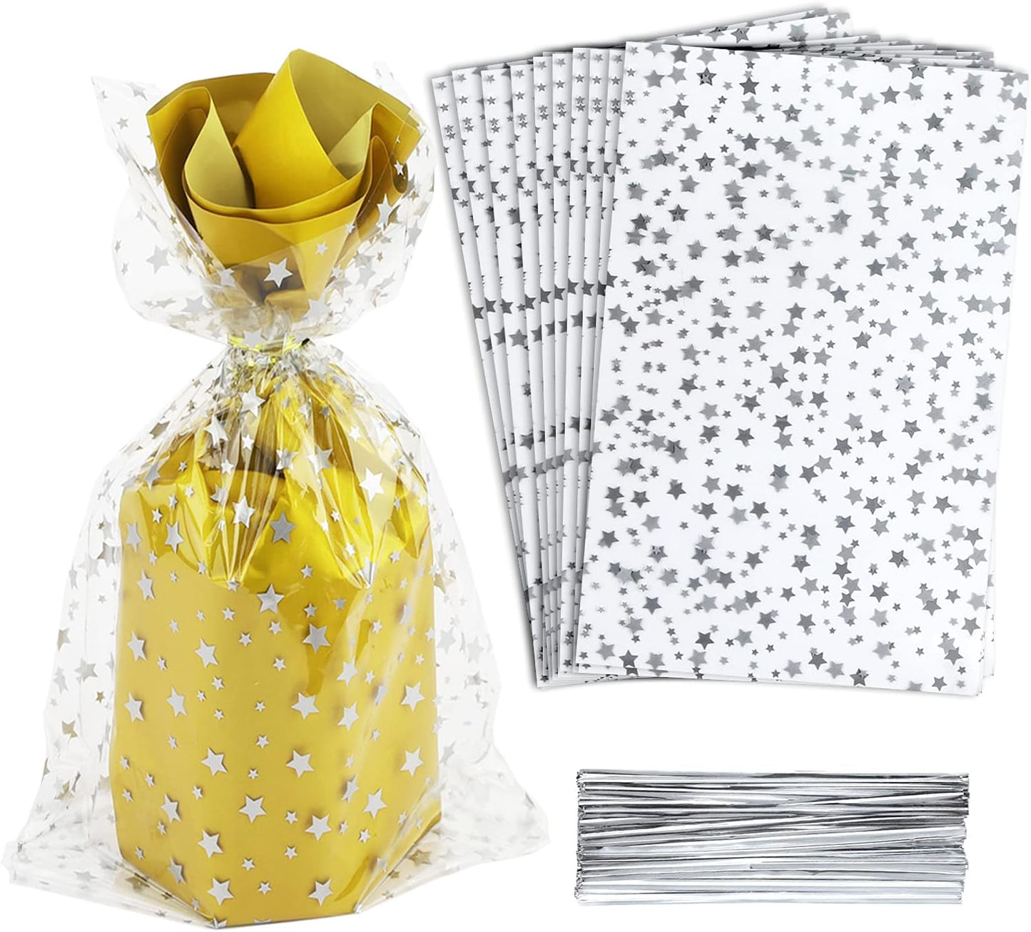 100 Pcs Star Printed 5"X 7" Gift Wrap Cello Cellophane Treat Bags Party Favor bags Clear Candy Cookie Bag Plastic Poly Goodie Storage Bag with Twist Ties for Bakery,Birthday, Wedding ,Party Decorations (Gold)
