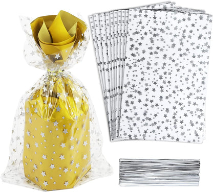 100 Pcs Star Printed 5"X 7" Gift Wrap Cello Cellophane Treat Bags Party Favor bags Clear Candy Cookie Bag Plastic Poly Goodie Storage Bag with Twist Ties for Bakery,Birthday, Wedding ,Party Decorations (Gold)