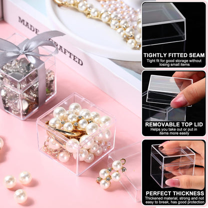 Leinuosen 100 Pcs 2 x 2 x 2 Inch Clear Acrylic Plastic Box with Lid Square Candy Containers for Party Favors Small Square Cube Storage Candy Box for Pill Tiny Earring Jewelry Herb Bead Gifts