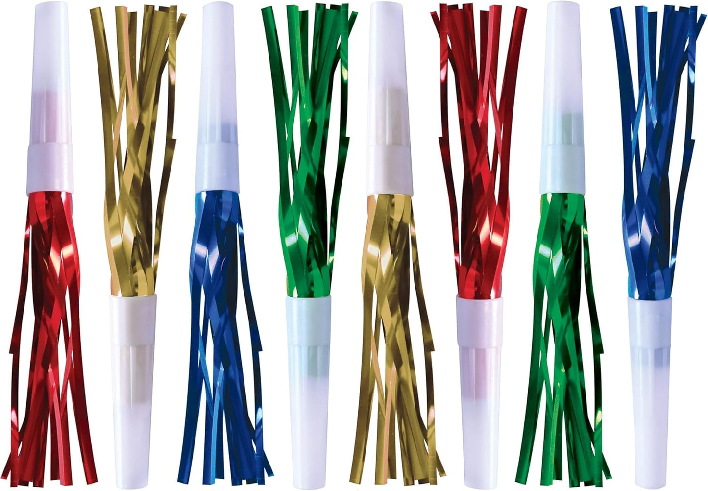 Beistle Assorted Party Squawkers – 8 Pack, Fringed Noisemaker Horns in Gold, Green, Red & Blue for New Year’s Eve Celebrations, Birthday Parties, Graduations, and Events, 6”