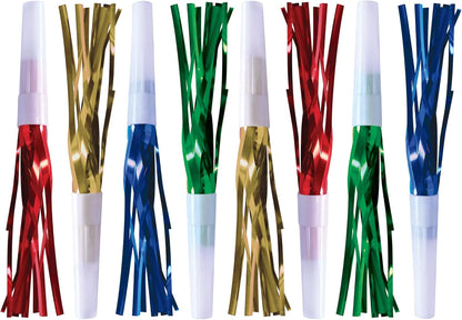 Beistle Assorted Party Squawkers – 8 Pack, Fringed Noisemaker Horns in Gold, Green, Red & Blue for New Year’s Eve Celebrations, Birthday Parties, Graduations, and Events, 6”