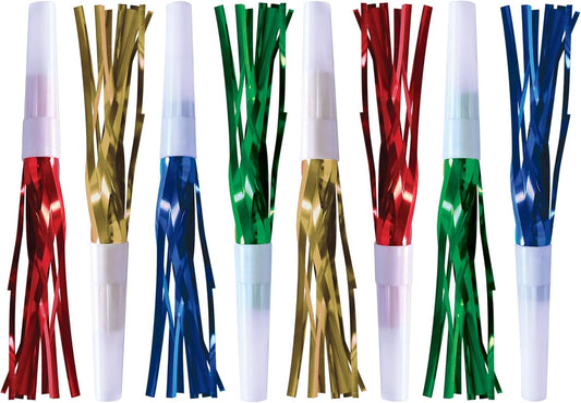 Beistle Assorted Party Squawkers – 8 Pack, Fringed Noisemaker Horns in Gold, Green, Red & Blue for New Year’s Eve Celebrations, Birthday Parties, Graduations, and Events, 6”