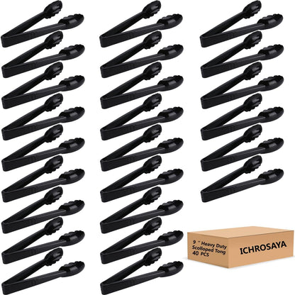 24 Pieces Disposable Serving Tongs, 9" Heavy-Duty Plastic Utensils, BPA-Free, Scalloped Grip Salad Tongs, Perfect for Buffets, BBQ, Parties & Catering, Black