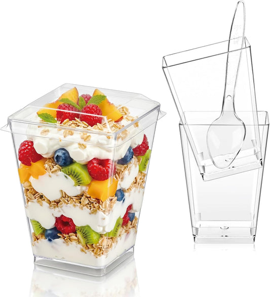 Hiasobre 50Pack 5oz Plastic Dessert Cups with Lids and Spoons, Reusable Clear Parfait Appetizer Cups, Square Party Shooter Serving Cup, Mini Dessert Shot Glasses for Tasting