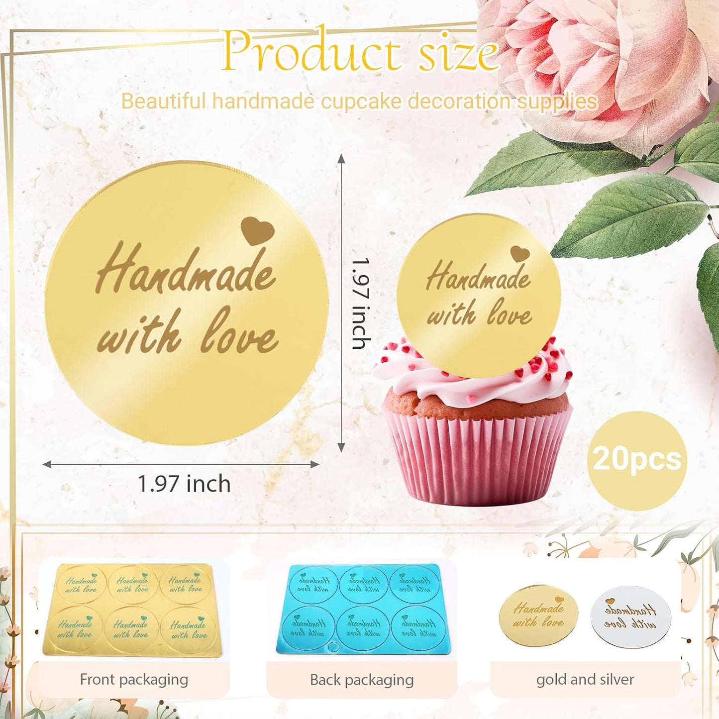 20pcs Gold Mirror Acrylic Happy Birthday Cupcake Toppers Round Engraved Cake Picks Happy Birthday Cake Toppers for DIY Birthday Gift Flower Bouquet Pastries Desserts Decor