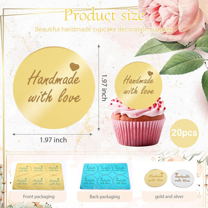 20pcs Gold Mirror Acrylic Happy Birthday Cupcake Toppers Round Engraved Cake Picks Happy Birthday Cake Toppers for DIY Birthday Gift Flower Bouquet Pastries Desserts Decor