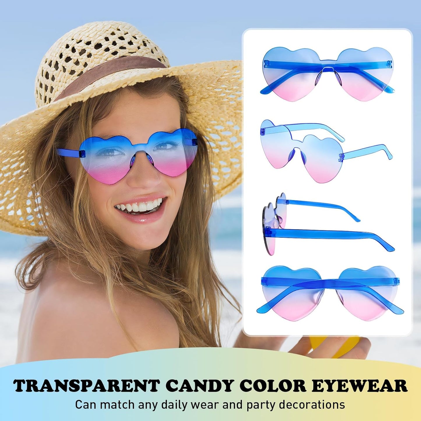 Matcheck 16 Heart Shaped Rimless Sunglasses Transparent Candy Colored Glasses Frameless Party Eyewear for Women