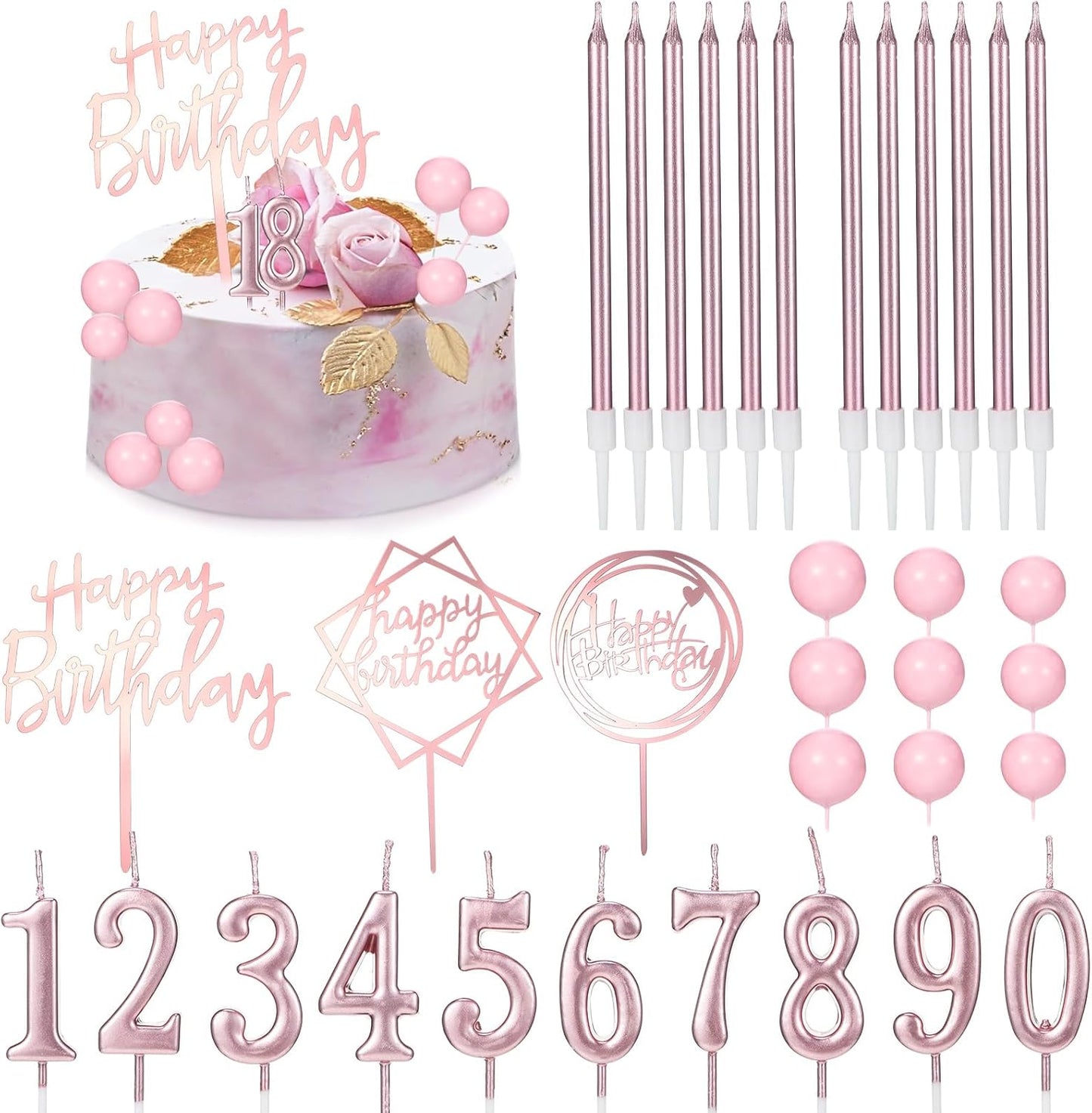 Yerliker 34 Pcs Happy Birthday Cake Toppers Decorations Birthday Candles DIY Cake Decor for Men Women Wedding Anniversary(Gold)