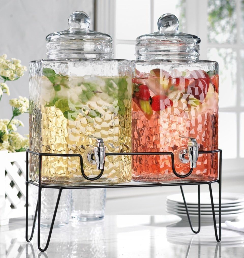 1.5 Gallon Glass Drink Dispenser for Parties 3 PACK Beverage Dispensers with Stand, Glass Water Jug Dispenser, with 18/8 Stainless Steel Spigot, Great for Party, Wedding, Picnic, BBQ Wicker Design