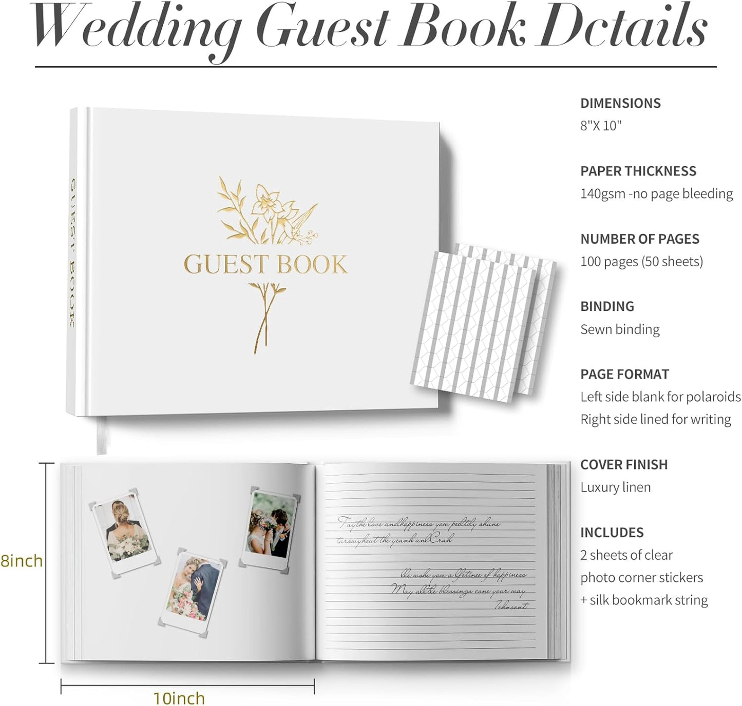 Wedding Guest Book for Memorial Service with 216 Photo Corners Stickers, Linen Guestbook to Sign at Bridal Shower or Wedding Reception Party,100 Pages, Blank Thick Paper Books for Baby Shower- Sage