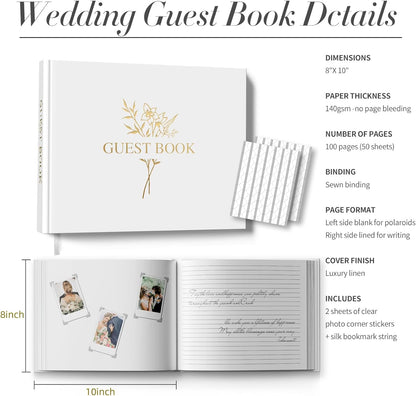Wedding Guest Book for Memorial Service with 216 Photo Corners Stickers, Linen Guestbook to Sign at Bridal Shower or Wedding Reception Party,100 Pages, Blank Thick Paper Books for Baby Shower- Sage