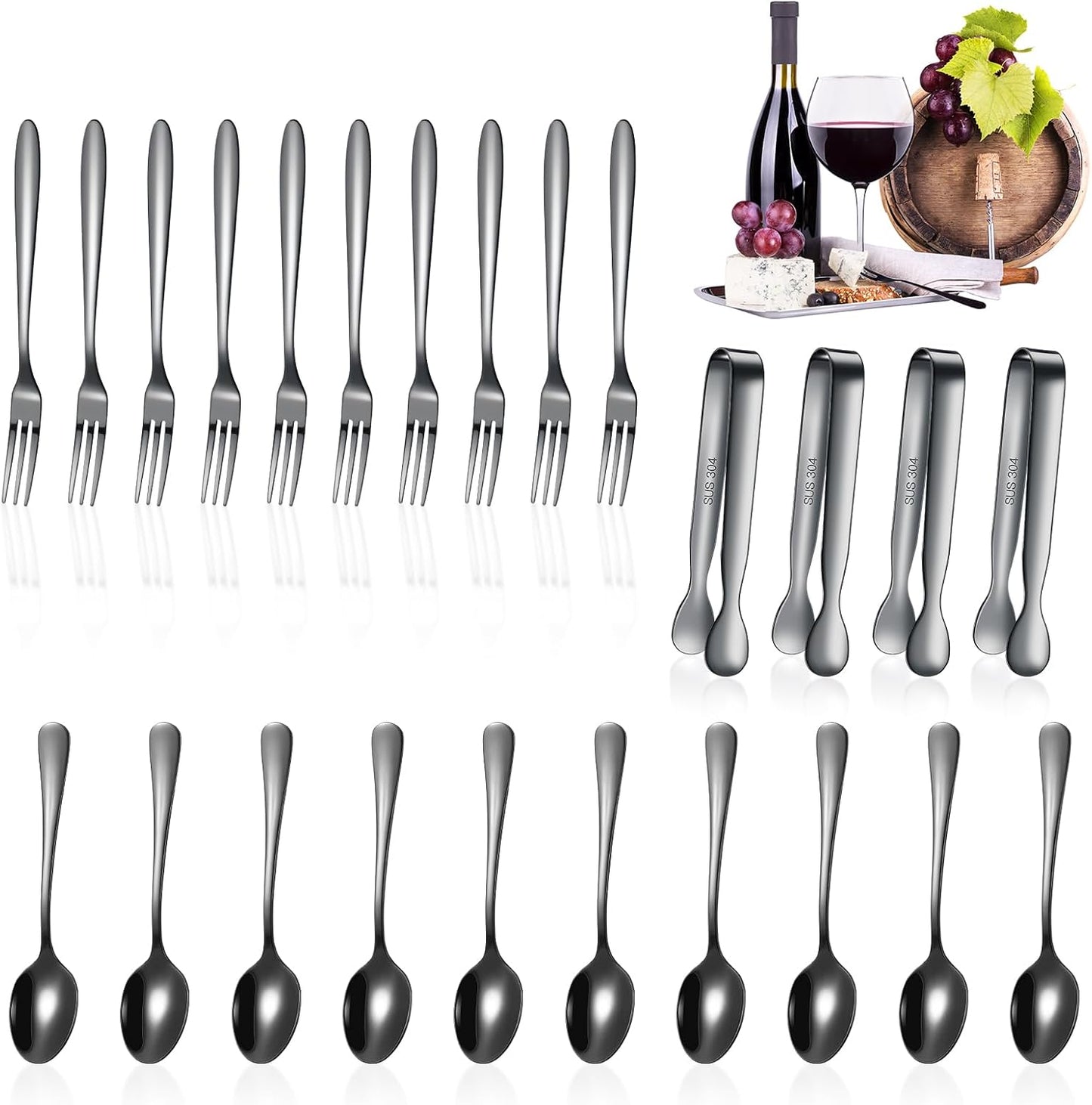 Cunhill 24 Pcs Charcuterie Accessories Mini Cocktail Tongs Small Serving Spoons and Appetizer Forks Stainless Steel Tongs Charcuterie Utensils for Valentine Party Supplies(Vivid Sharp Spoon,Silver)