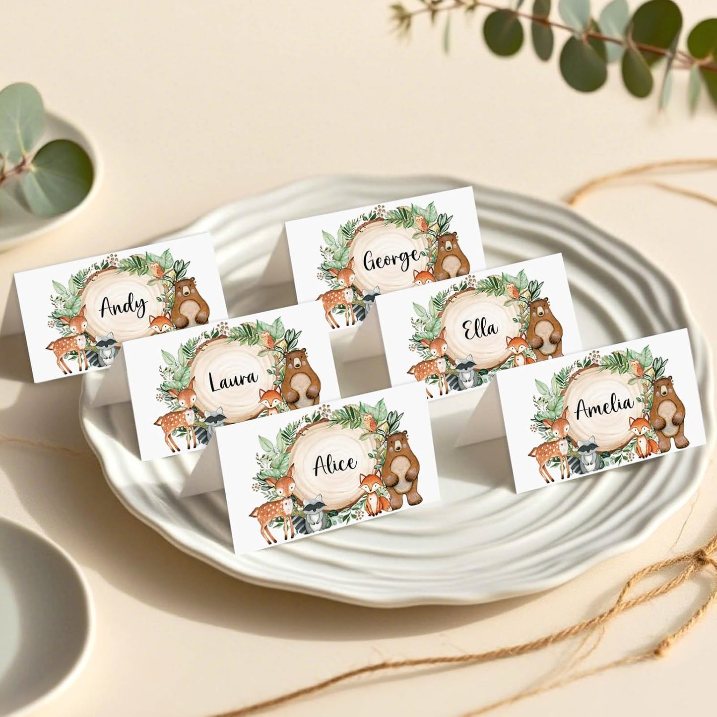120 Pack Woodland Baby Shower Place Cards, 3.5" x 2" Foldable Table Tent Name Cards, Food Labels for Forest Animals Baby Shower Birthday Party Reception Tables Placement Party Decorations