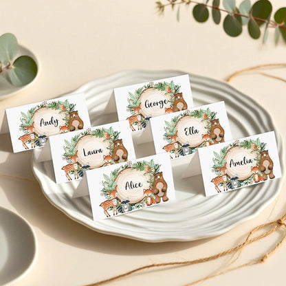 120 Pack Woodland Baby Shower Place Cards, 3.5" x 2" Foldable Table Tent Name Cards, Food Labels for Forest Animals Baby Shower Birthday Party Reception Tables Placement Party Decorations