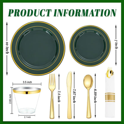 350 Pieces Black and Gold Plastic Plates with Disposable Silverware, Include 50 Dinner Plates 9”, 50 Dessert Plates 6.3”, 50 Black Cups 9 OZ, 50 Pre Rolled Napkins for Wedding Party Graduation