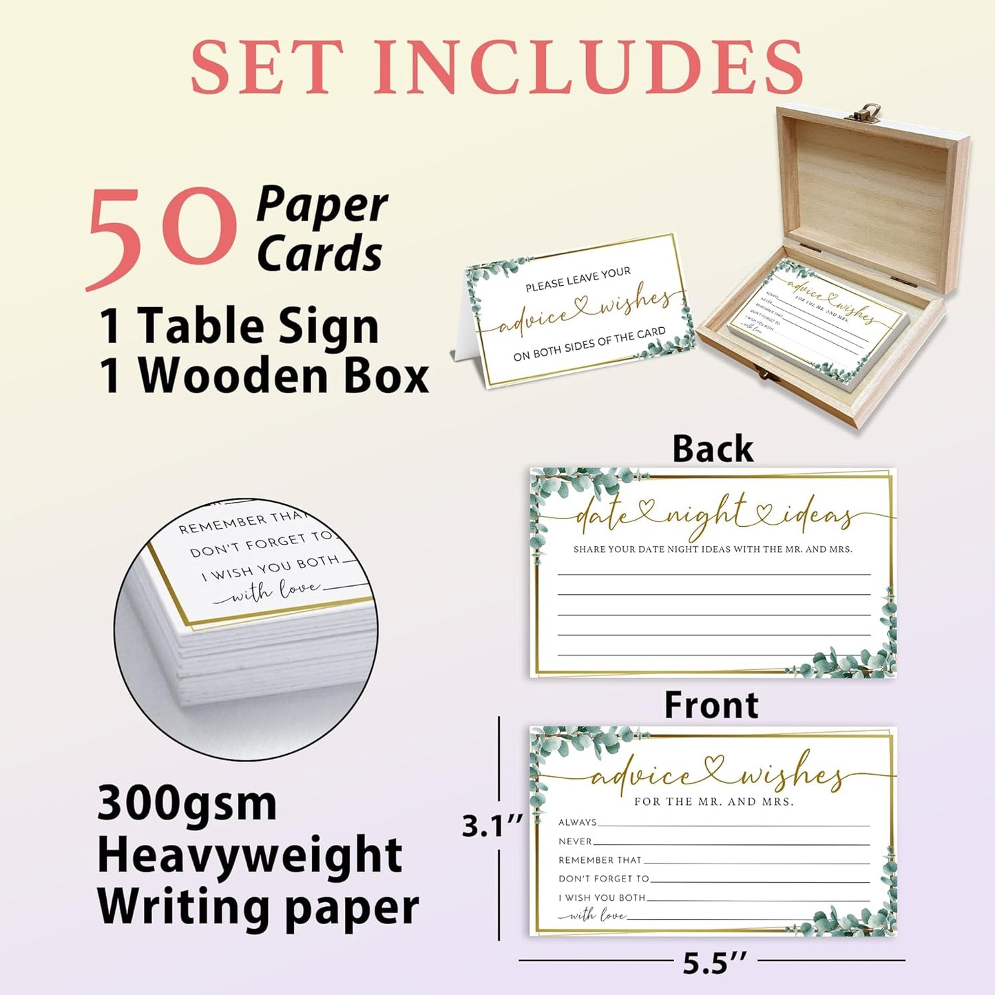 Boho Advice and Wishes for the Mr and Mrs - 50 Packs Wedding Advice Cards Bridal Shower Game Cards with Box Reception Guest Book for Bride Groom Newlywed Engagement Party Decoration -A08