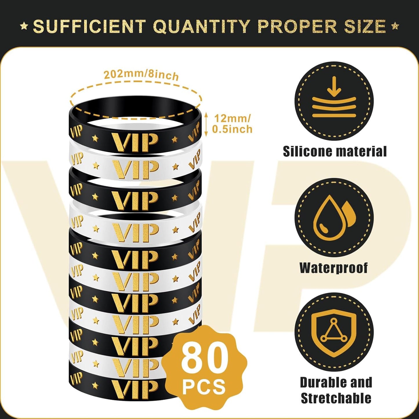 Bucherry 80 Pcs Silicone VIP Wristbands for Events Custom VIP Bracelets Gold Wristbands Rubber Bracelets for Party Club Bar Men Women Festivals Wedding Concert Fair Amusement Office(Black)