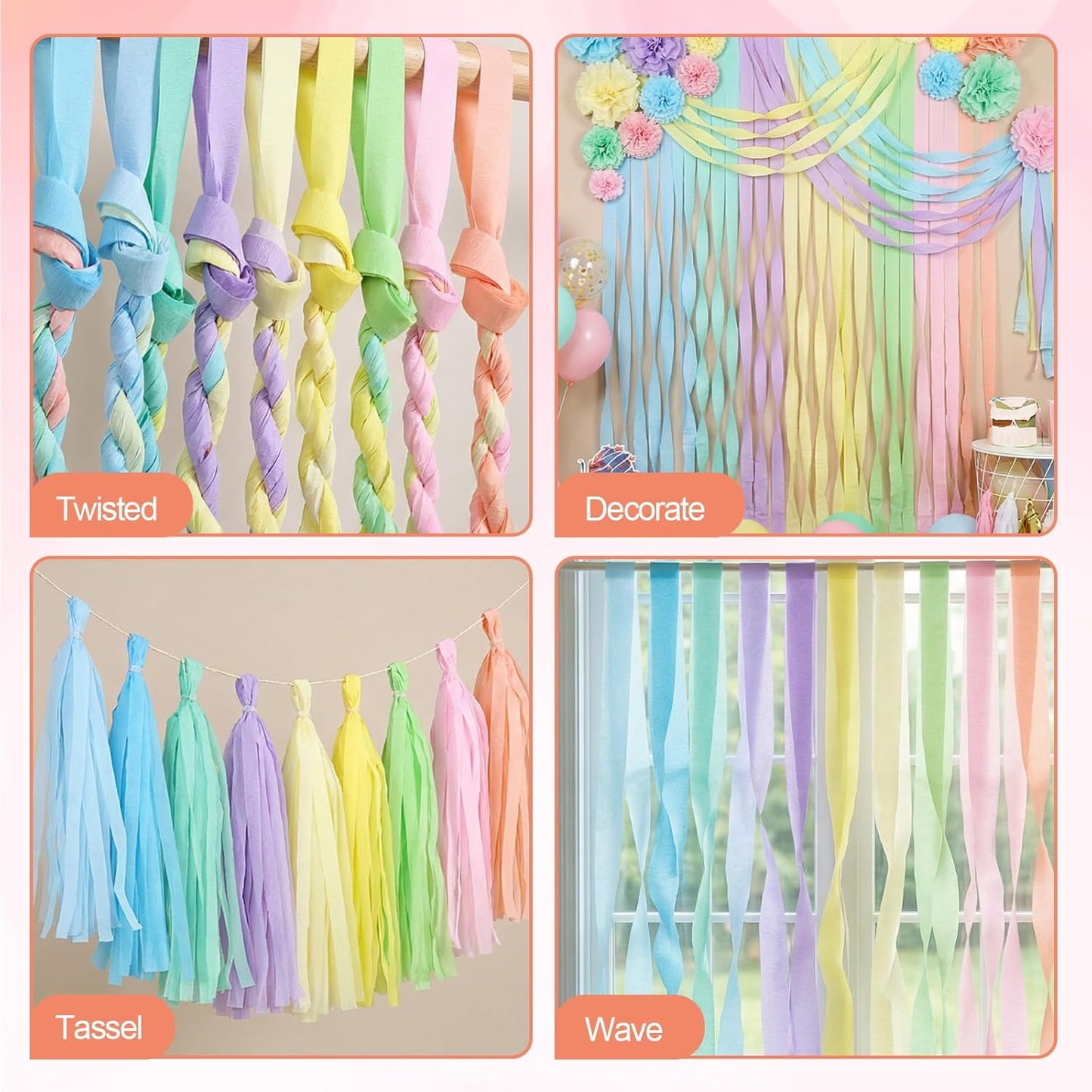 Pastel Crepe Paper Streamers 9 Rolls 738ft,Fancy Streamers Party Decorations for Birthday Mother's Day Wedding Holiday Decorations DIY Gift Wrapping, 1.77 Inch x 82 Ft/Roll