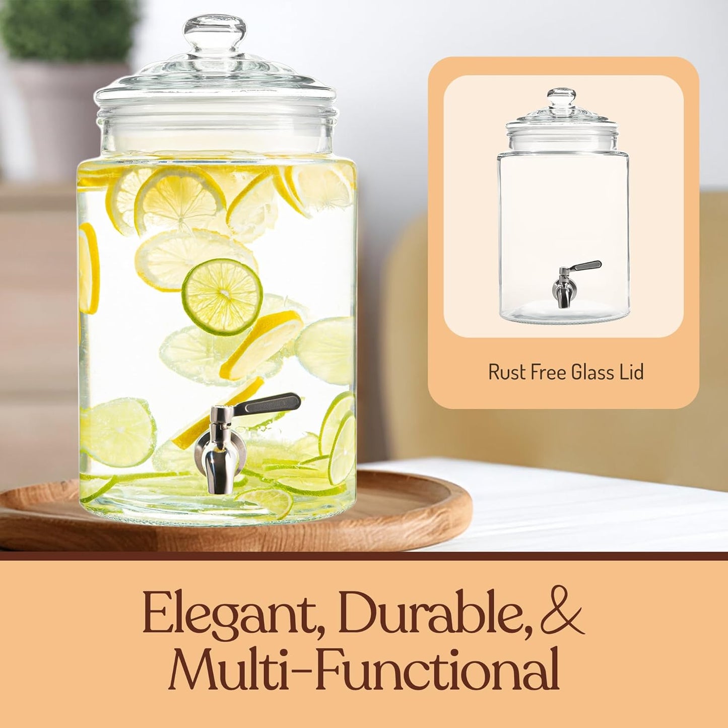 Large Glass Drink Dispenser with Spout – 1.5 Gallon Tall Mason Jar Style Beverage Server with Airtight Lid & Metal Spigot for Water, Tea, Juice, Punch, or Cocktails