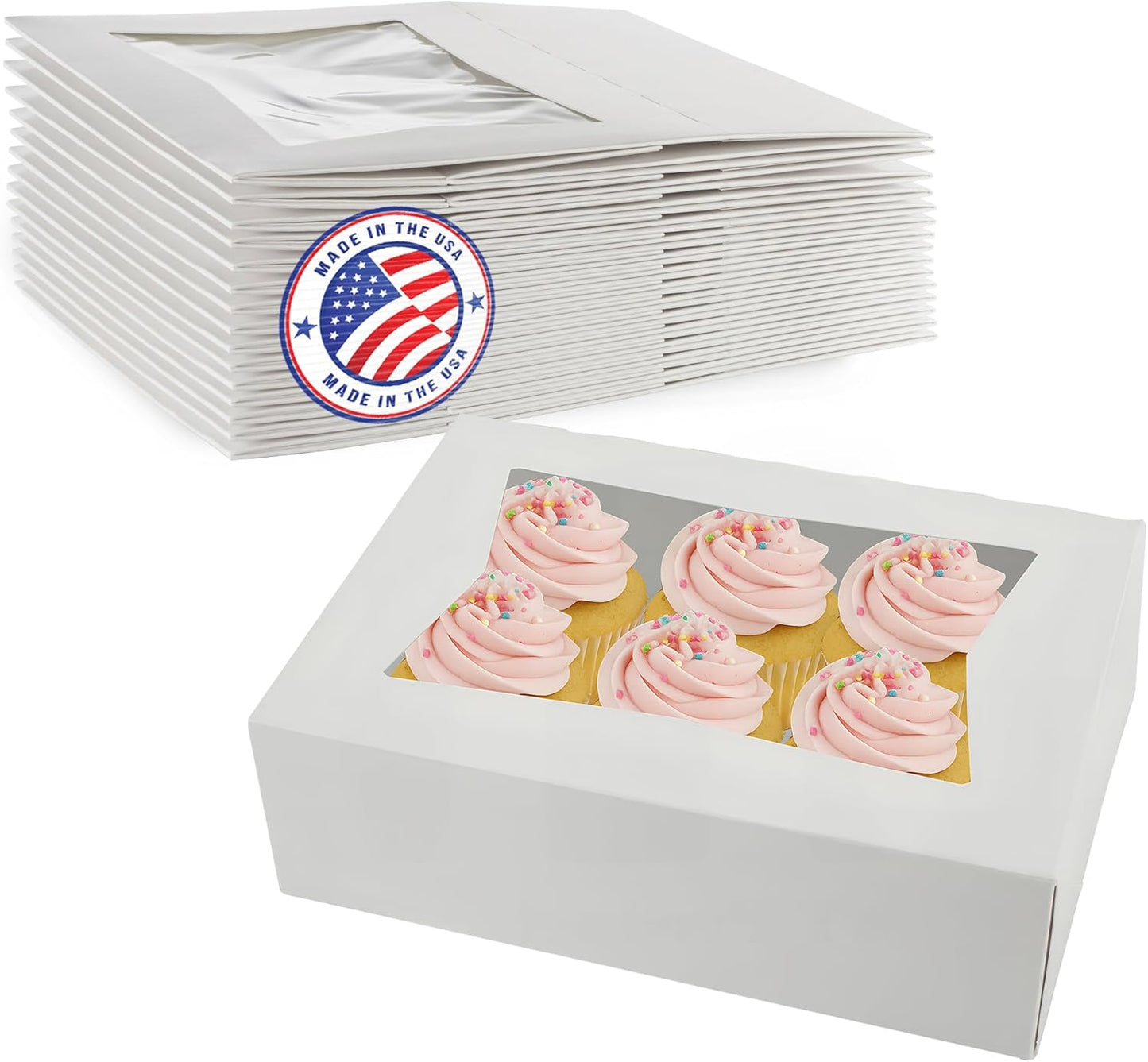MT Products Cupcake Boxes 8" x 5.75" x 2.5" - Auto Pop-Up Bakery Boxes with Window (Pack of 25) - Made in the USA