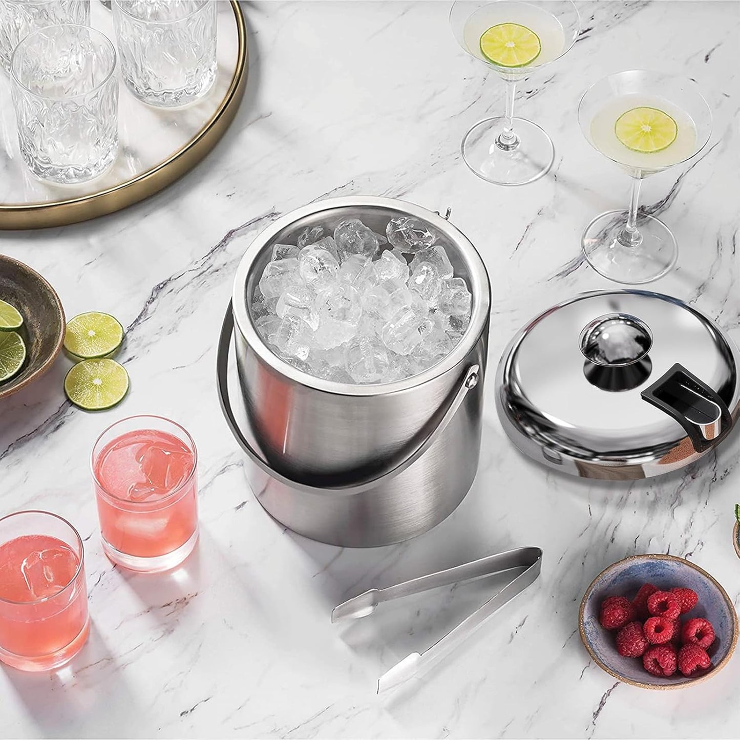 Sailnovo Mini Ice Bucket 1.2 Liter, Premium Compact Double-Wall Stainless Steel with Lid & Ice Tong, Ideal for Cocktails, Personal Bar, Small Parties - Silver