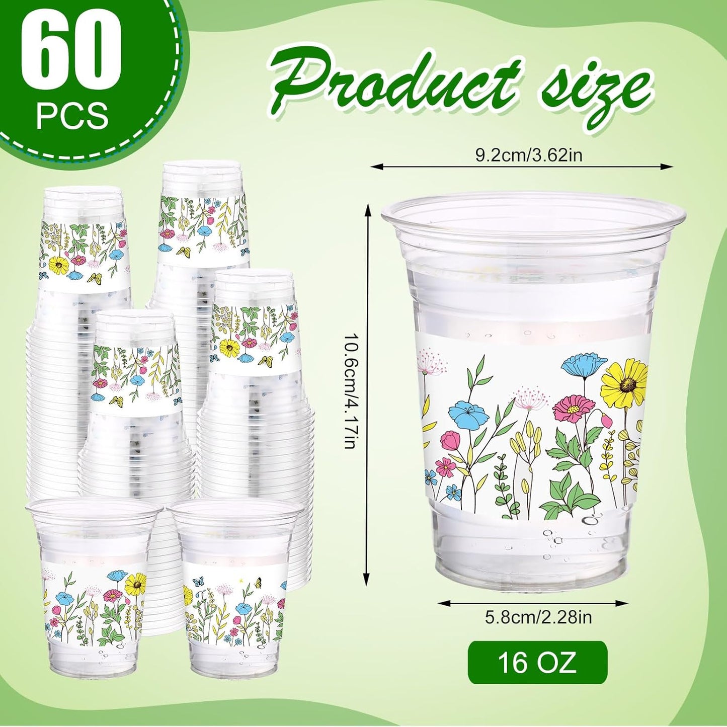 Hushee 60 Pcs Purple Floral Cups with Spring Summer Flower 16 oz Wildflowers Plastic Disposable Drinking Cups for Summer Spring Birthday Baby Shower Wedding Party Supplies