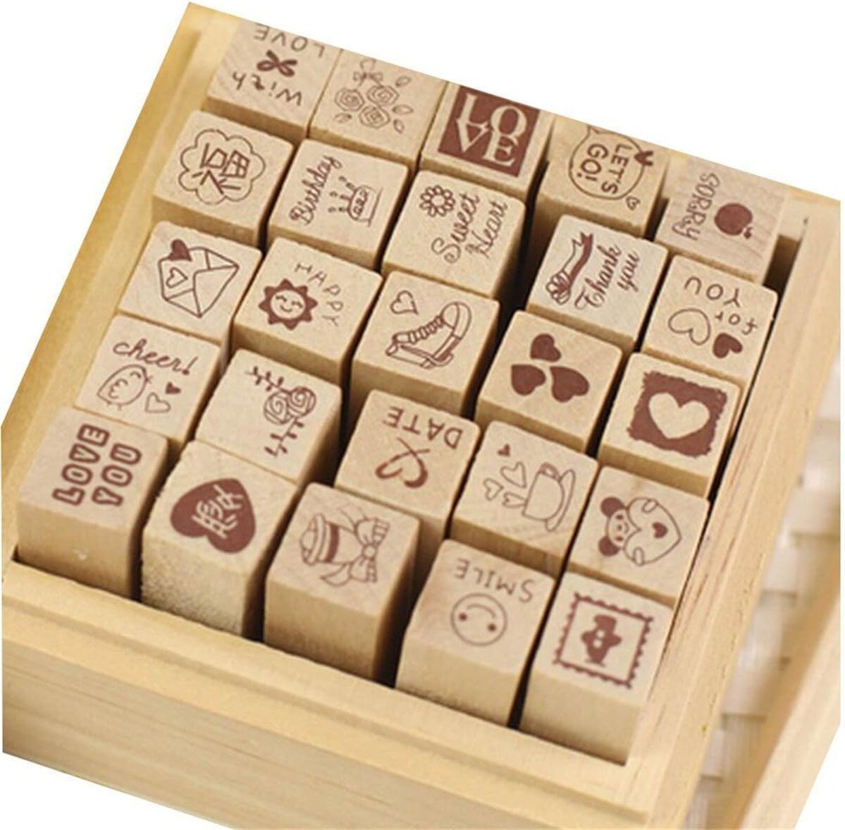 Pack of 25 Pcs Small Green Happy Life Shape Wooden Rubber Stamps with Box for DIY Craft Card and Photo Album (Green)
