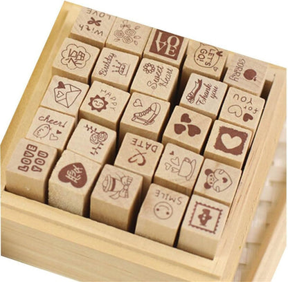 Pack of 25 Pcs Small Green Happy Life Shape Wooden Rubber Stamps with Box for DIY Craft Card and Photo Album (Green)