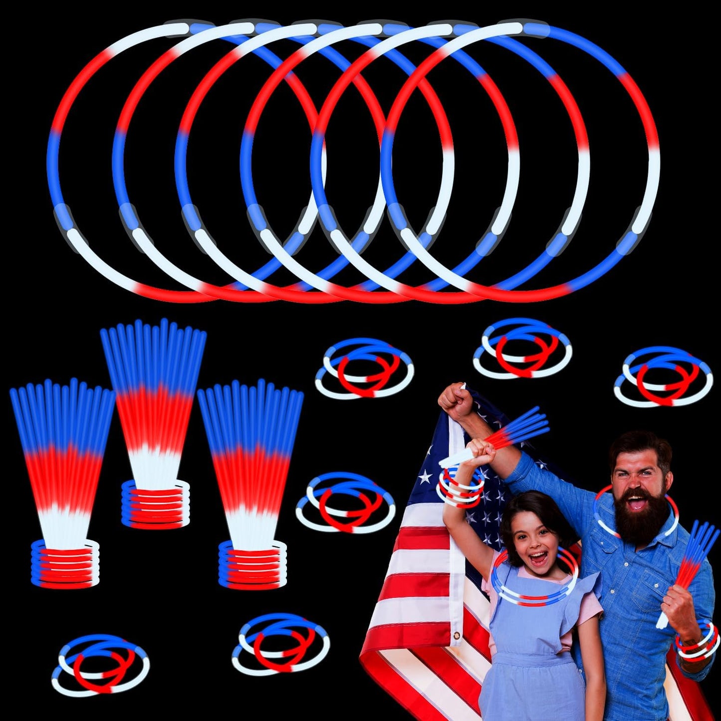 Glow Sticks Party Pack 8"-50, Light up Bracelets & Necklaces Accessories for Kids, 250th Anniversary 4th of July Neon Glow in the Dark Party Favor Supplies Decoration for Camping Wedding Dance Parade