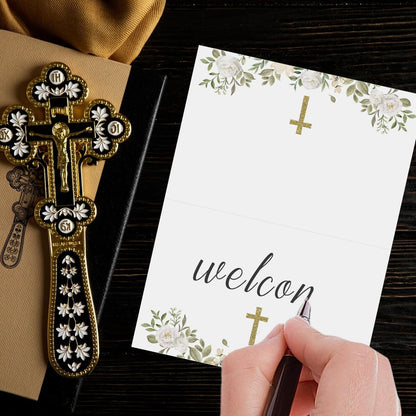 24 Pcs Baptism Place Cards, Baptism Themed Buffet Food Labels and Tent Name Cards for Newborn Baby Shower Party Table Setting Decorations Supplies (White)