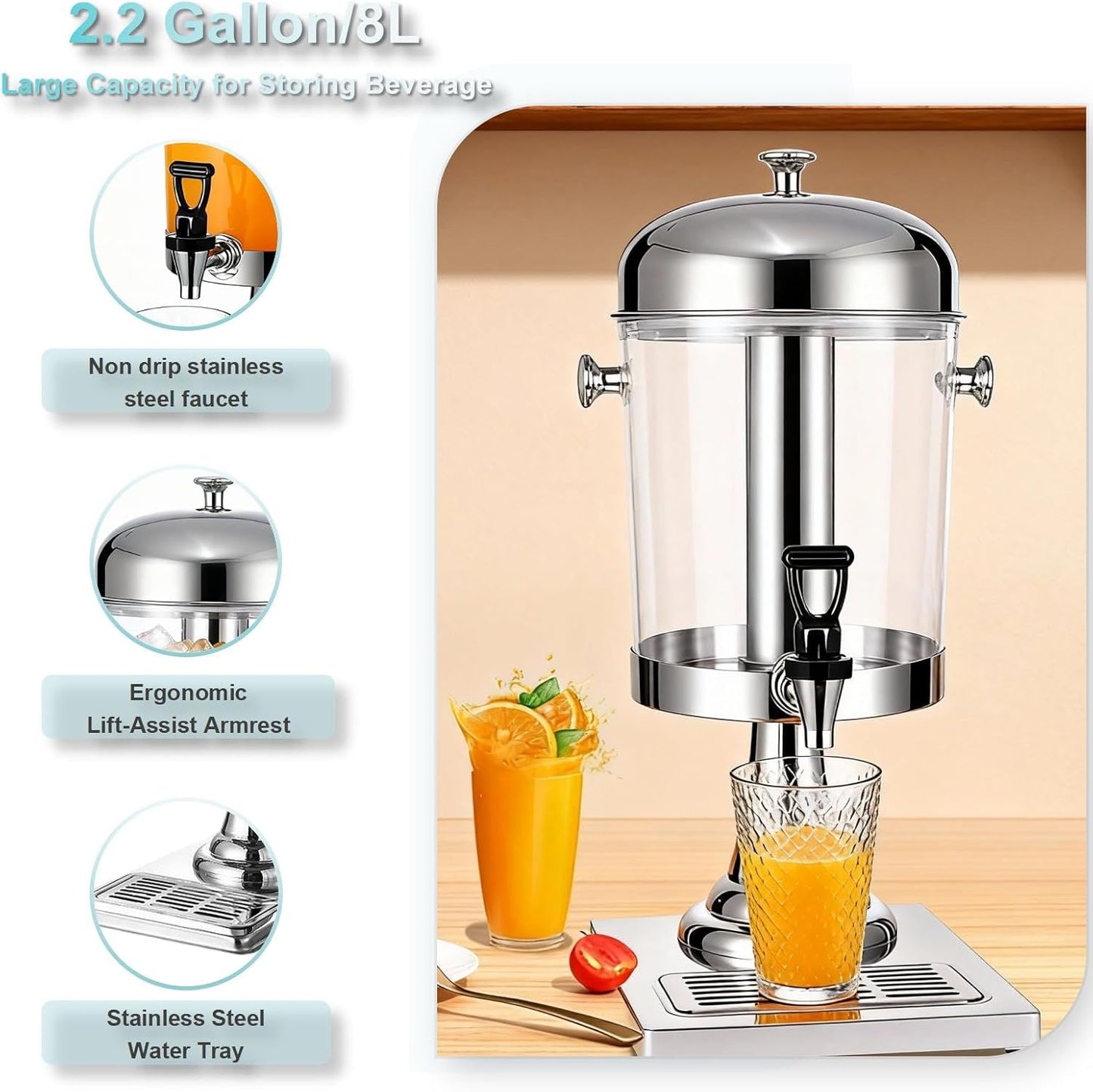 2.2 Gallon Drink Dispensers for Parties, Beverage Dispenser with Stand and Ice Shovel, Commercial Hot Cold Juice Dispenser for Parties, Wedding, Hotel Buffet, Banquet, Restaurant (8 L)