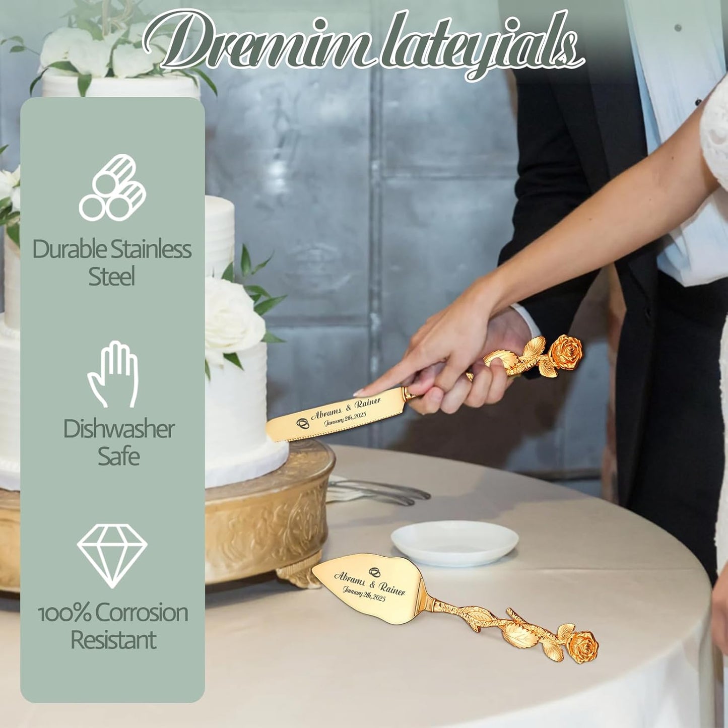 HJX Personalized Wedding Cake Knife and Server Set with Champagne Flutes, Custom Name Text Toasting Glasses for Bride and Groom, Cake Cutting Set Ideal Wedding Engagement Bridal Shower Gift