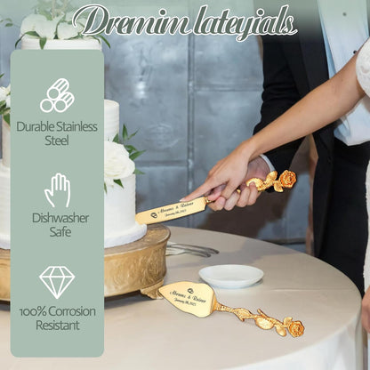 HJX Personalized Wedding Cake Knife and Server Set with Champagne Flutes, Custom Name Text Toasting Glasses for Bride and Groom, Cake Cutting Set Ideal Wedding Engagement Bridal Shower Gift