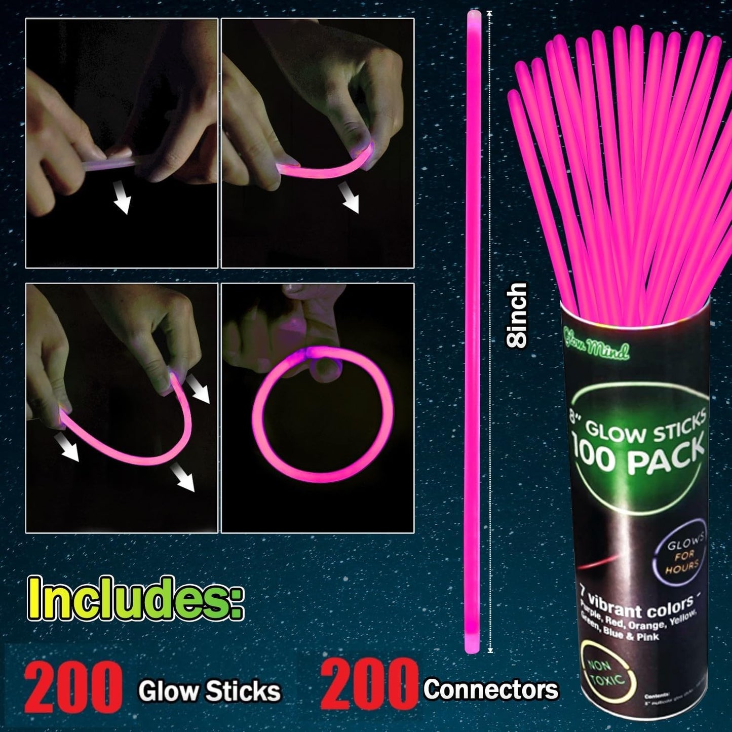200 Pcs Red Glow Sticks Bracelet Necklaces Bulk Glow in The Dark Party Supplies 8” Light Up Stick with Connectors for Christmas Valentine's Day Easter 4th of July Party Favors Birthday Carnival