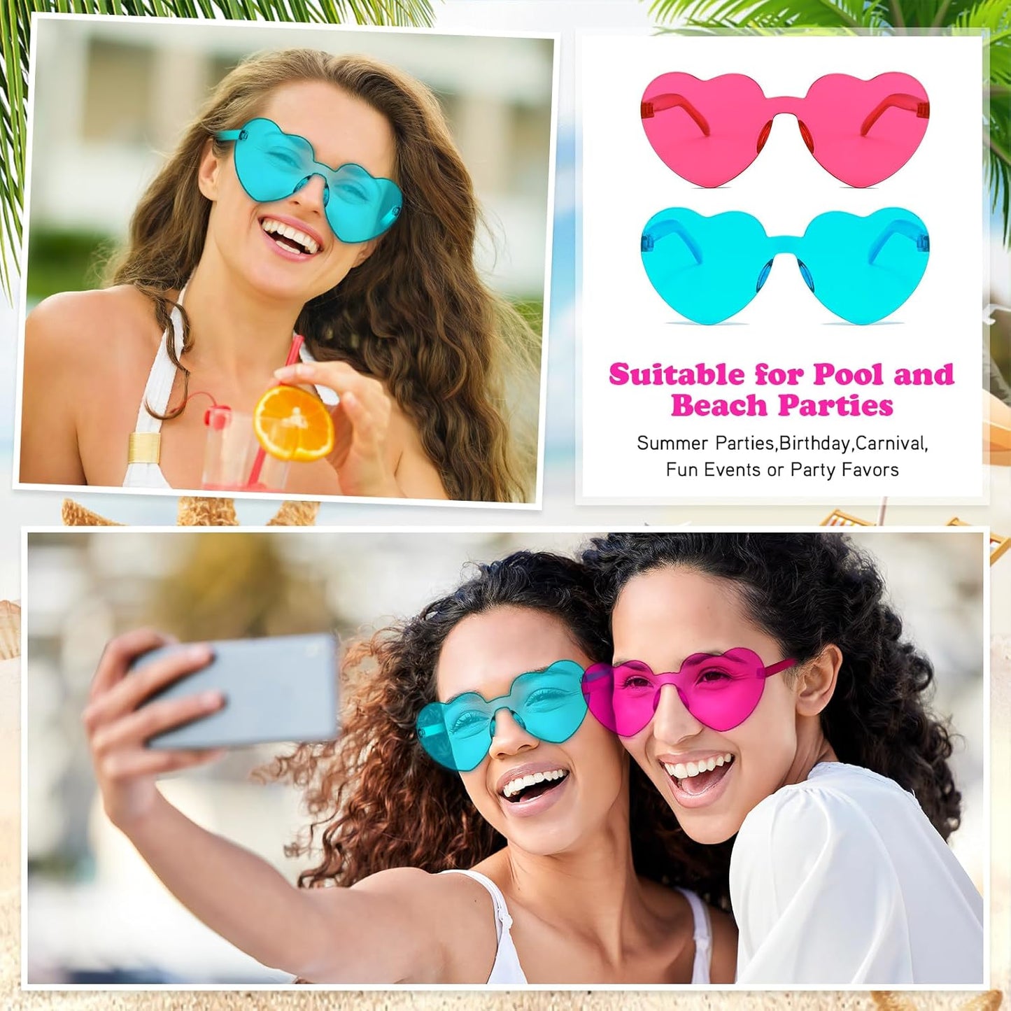 Matcheck 16 Heart Shaped Rimless Sunglasses Transparent Candy Colored Glasses Frameless Party Eyewear for Women