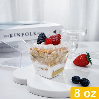 supernal 100pcs Square Plastic Dessert Cups (4oz) with 100pcs Mini Gold Spoons, Plastic Parfait Appetizer Cup, Medium Clear Dessert Cups Perfect for Cakes, Ice Cream, Desserts Appetizers