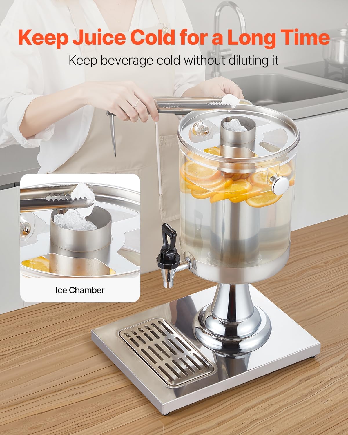VEVOR Beverage Dispenser, 2.1 Gallon x 2 Drink Dispenser for Parties, Stainless Steel + Plastic Juice Dispensers with Spigot Ice Chamber Tray, Iced Tea Lemonade Dispensers, for Restaurants, Hotels