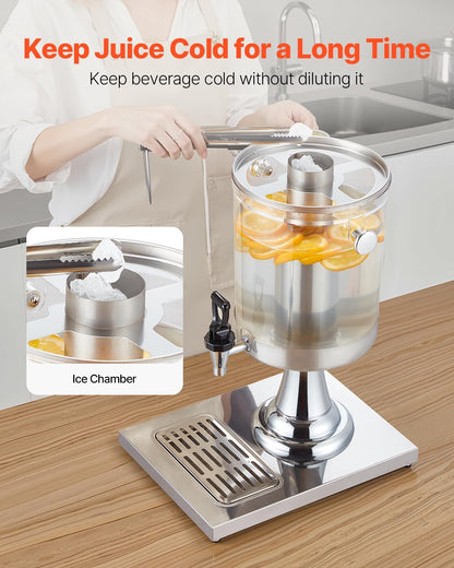 VEVOR Beverage Dispenser, 2.1 Gallon x 2 Drink Dispenser for Parties, Stainless Steel + Plastic Juice Dispensers with Spigot Ice Chamber Tray, Iced Tea Lemonade Dispensers, for Restaurants, Hotels