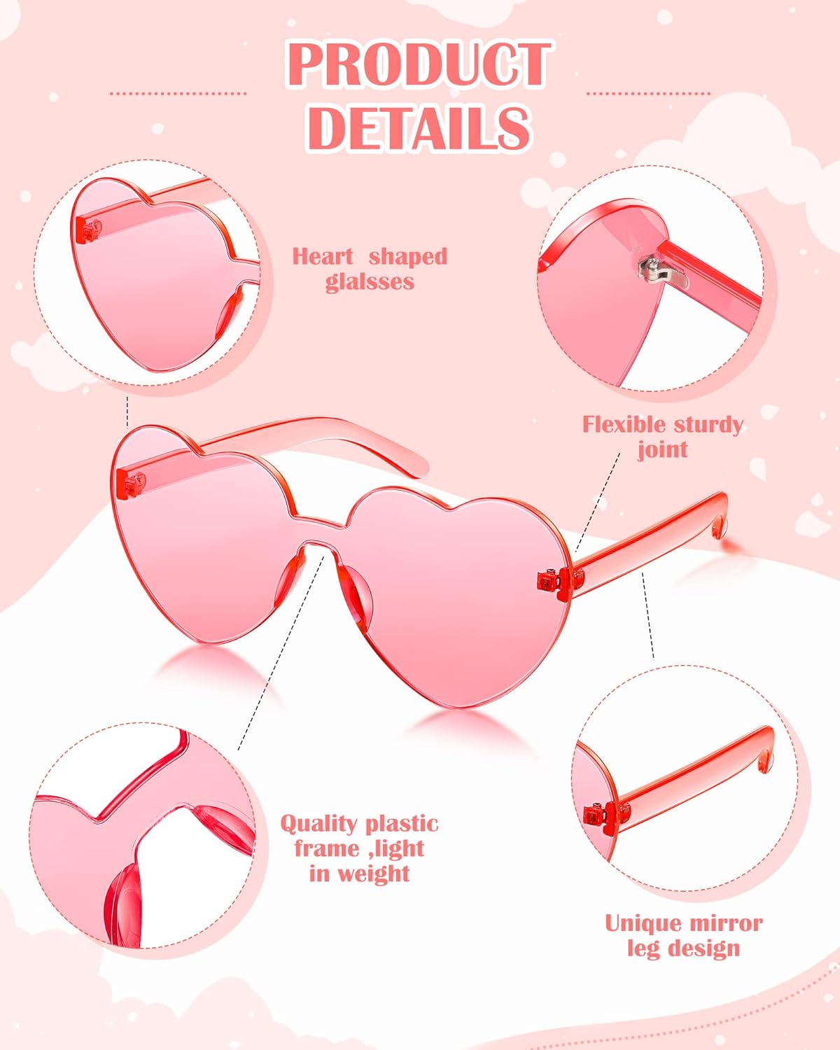 Photect 12 Pair Heart Shaped Sunglasses Neon Color Transparent Heart Glasses for Women Party Favor