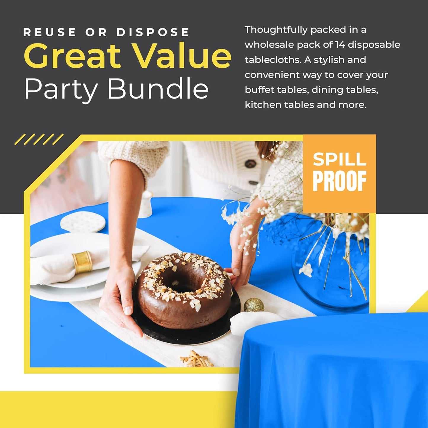14 Pack Black 54 x 108 in. Rectangle Disposable Plastic Tablecloths - Smooth Decorative Covers for Parties, Weddings