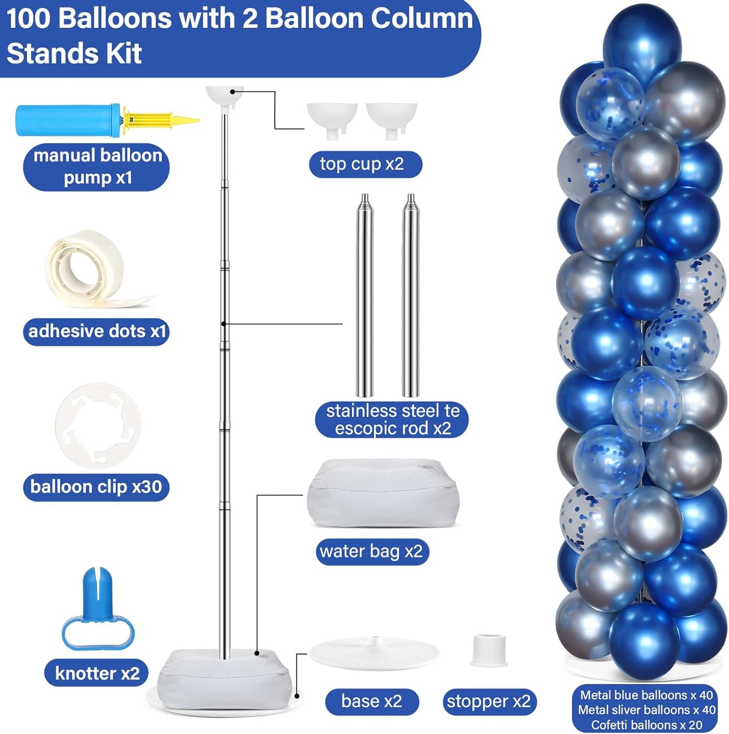 2 Sets Balloon Column Stand Kit with 100 Balloons Adjustable Balloon Tower Stand with Bases for Floor Balloons Column Kit for 2026 Graduation Birthday Appreciation Party Decor Navy Blue and Silver