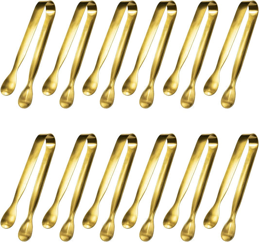 JCREN 12 Pcs Serving Tongs, Small Serving Utensils for Parties Catering Gold Tongs, Food-Grade 304 Stainless Steel Mini Appetizer Tongs for Tea Party Coffee Bar, 4 Inches - Gold