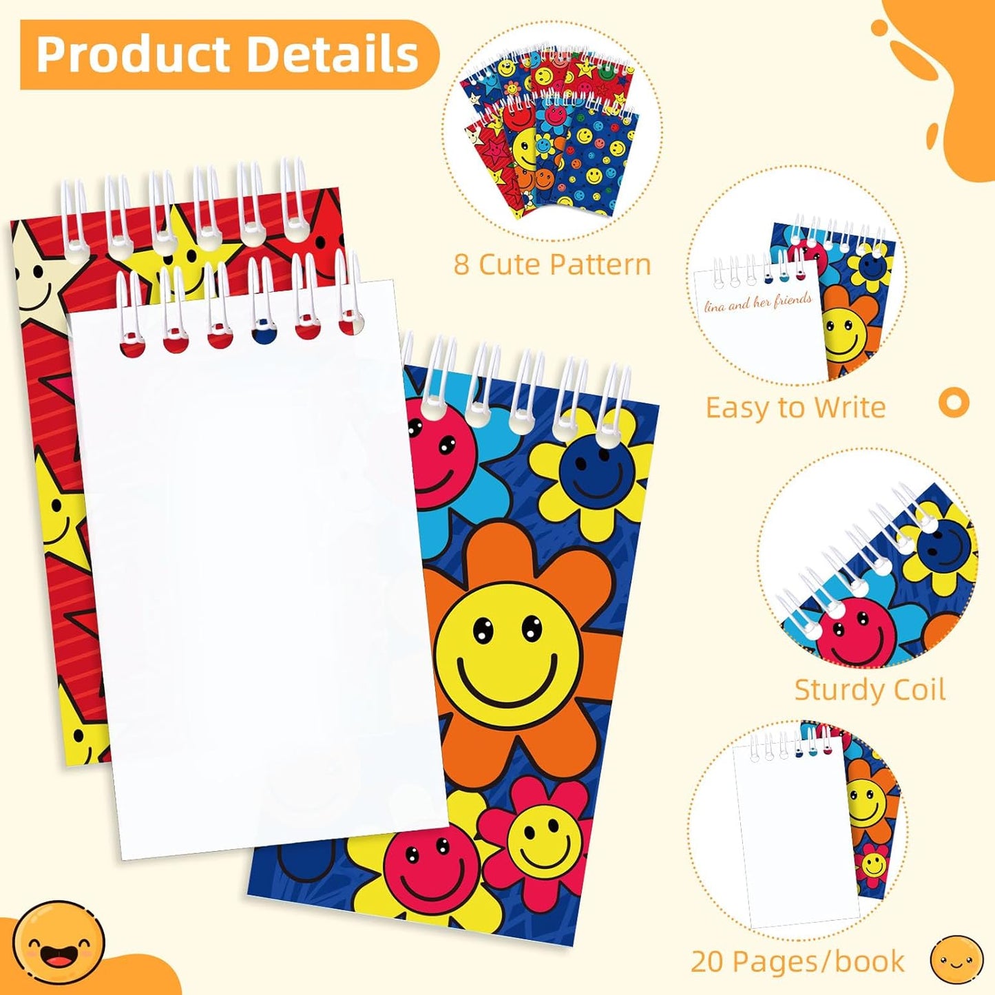 Faccito 24 Pcs Groovy Party Favor Retro Hippie Mini Spiral Notebook Retro Boho Pocket Notebook Bulk Groovy Mini Top Bound Notepad for Boho Birthday Decor Rewards Gifts(Smiling Face Style)