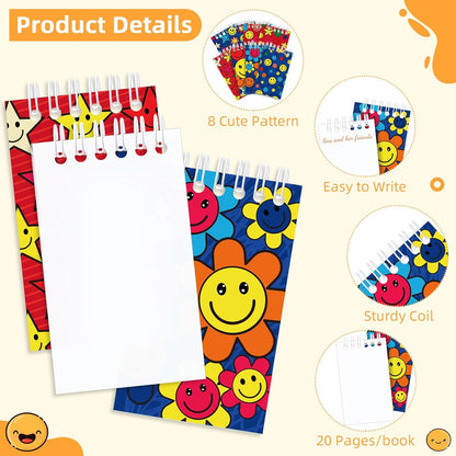 Faccito 24 Pcs Groovy Party Favor Retro Hippie Mini Spiral Notebook Retro Boho Pocket Notebook Bulk Groovy Mini Top Bound Notepad for Boho Birthday Decor Rewards Gifts(Smiling Face Style)