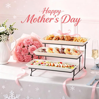MALACASA 3 Tier Serving Trays for Party, Porcelain Serving Platters and Trays, 12 Inch Tiered Tray Stand, Fruit Tray, Trays for Serving Food, White Dessert Stand with Collapsible Sturdier Metal Rack