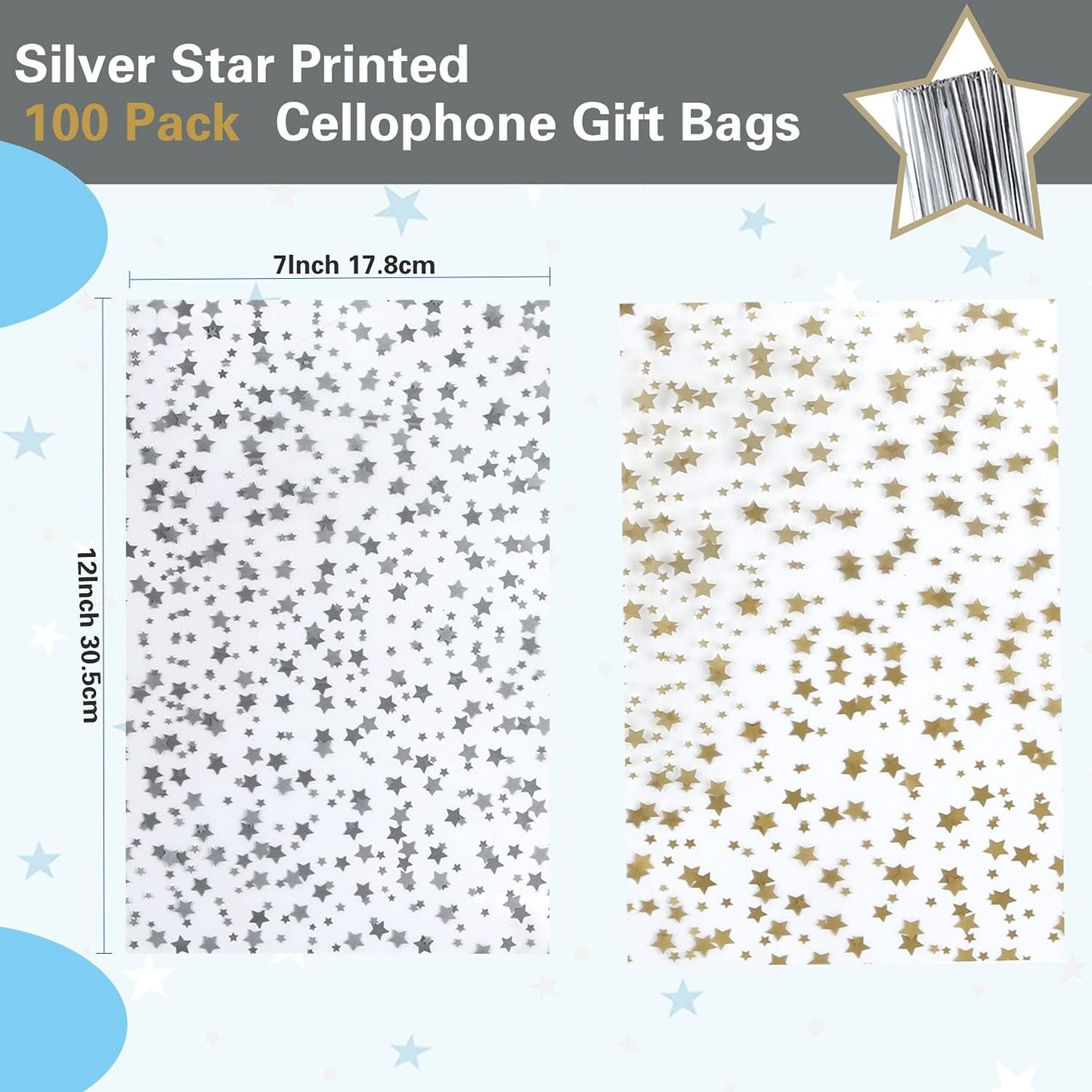 100 Pcs Star Printed 5"X 7" Gift Wrap Cello Cellophane Treat Bags Party Favor bags Clear Candy Cookie Bag Plastic Poly Goodie Storage Bag with Twist Ties for Bakery,Birthday, Wedding ,Party Decorations (Gold)