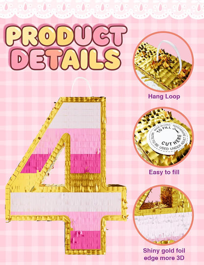 Number 5 Piñata with Stick, Blindfold & Confetti-Pink Piñata for Birthday Parties, Complete Party Game Set for Kids Girls-Gradient Pink Birthday Decor with Fillable Design(Small, 16.5 x 11.5 x 3 In)