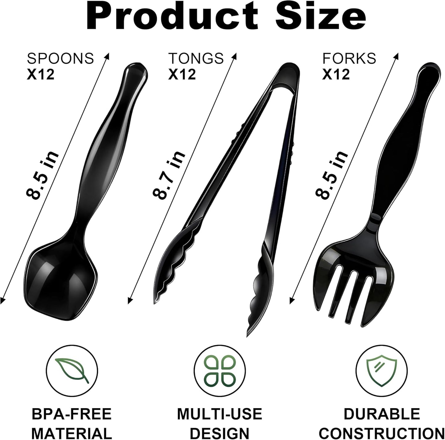 36Pcs Disposable Plastic Serving Utensils Set, 12 Black Spoons, 12 Forks, 12 Tongs, 9-Inch for Party Buffet Catering Events, Heavy Duty and Ergonomic Design